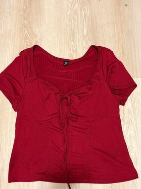 SHEIN Red Ribbed Short Sleeve Tie-Front Top